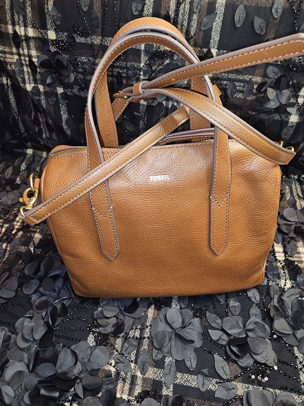 Fossil Cognac Brown Leather Satchel with Crossbody Strap